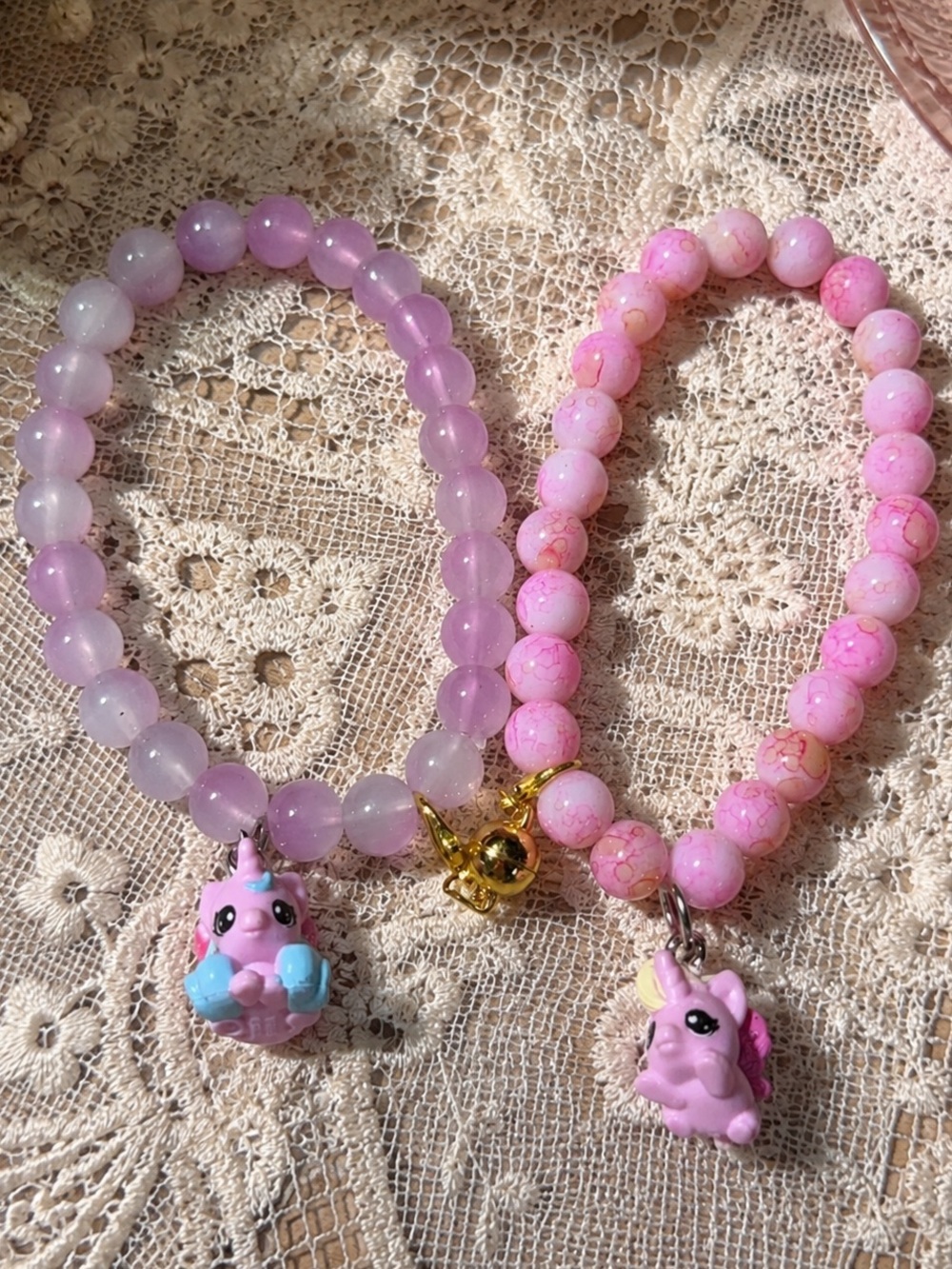 Cute Pink Beaded Best Friend Stretch Bracelets with Unicorn Charms